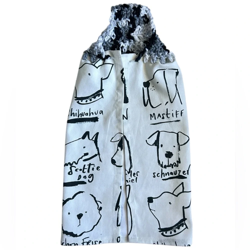 Hand Crafted Black and White Dog Print Hanging Kitchen Hand Towel